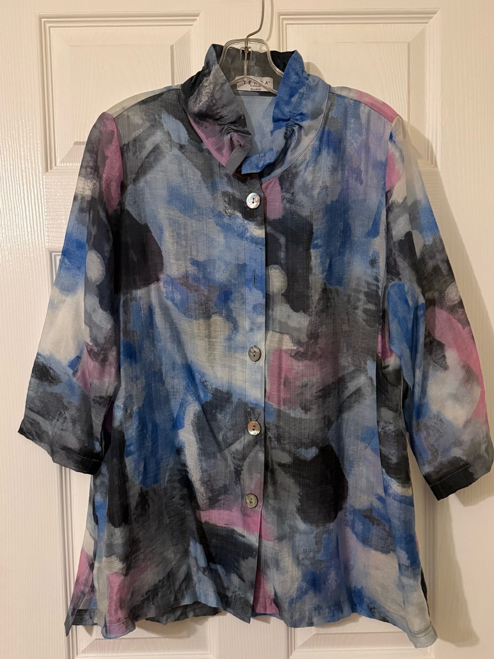 Abstract Watercolor Print Button-Front Top in Blue, Gray, Black Pink